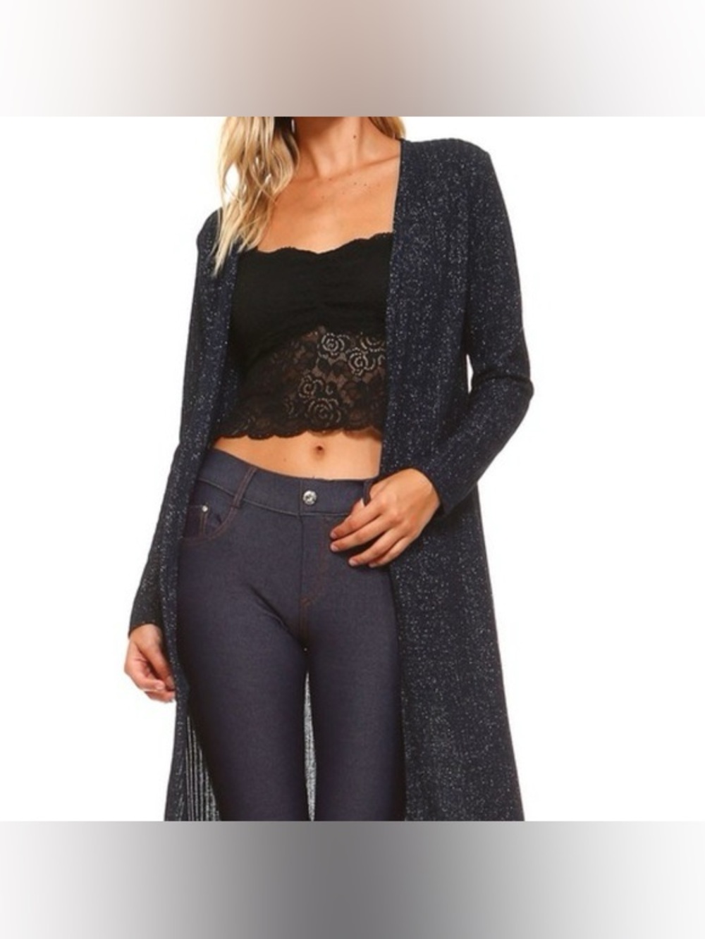 Yelete Navy Sparkle Long Open-Front Cardigan